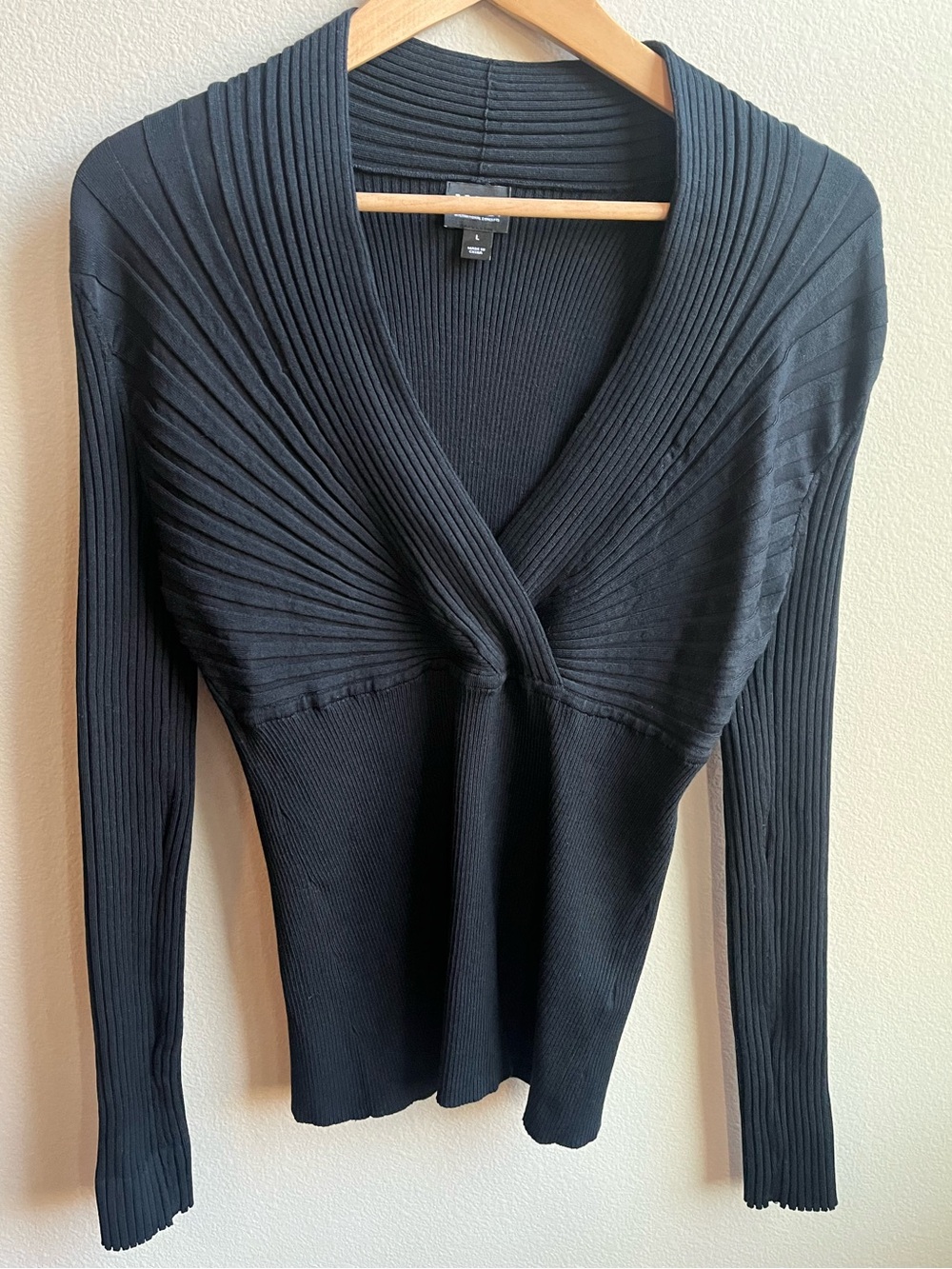 INC International Concepts Black Ribbed V-Neck Twist Front Sweater